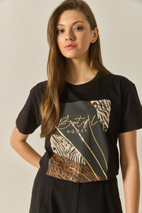Desenli Taş İşlemeli Normal Kalıp Pamuklu T-Shirt 8125 60283304 - Siyah