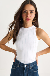 Diamond Şeritli Basic Crop Bluz 60602063 - Beyaz
