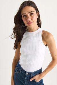 Diamond Şeritli Basic Crop Bluz 60602063 - Beyaz
