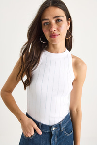 Diamond Şeritli Basic Crop Bluz 60602063 - Beyaz