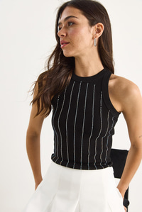 Diamond Şeritli Basic Crop Bluz 60602063 - Siyah