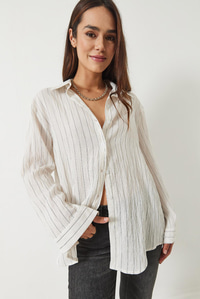 Dijital Çizgili Oversize Basic Gömlek 4743 60261397 - Ekru