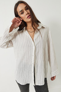 Dijital Çizgili Oversize Basic Gömlek 4743 60261397 - Ekru