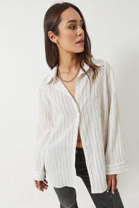 Dijital Çizgili Oversize Basic Gömlek 4743 60261397 - Ekru