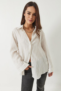 Dijital Çizgili Oversize Basic Gömlek 4743 60261397 - Ekru