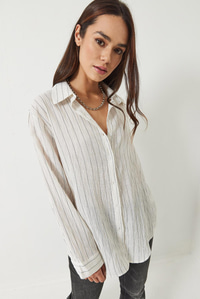 Dijital Çizgili Oversize Basic Gömlek 4743 60261397 - Ekru