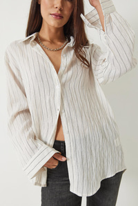 Dijital Çizgili Oversize Basic Gömlek 4743 60261397 - Ekru