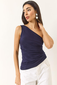 Drape Detaylı Tek Omuz Soft Touch Esnek Viskon Bluz 4013 60284028 - Lacivert
