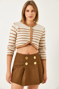 Düğmeli Çizgili Crop Triko Hırka 60351300 - Bej-Camel