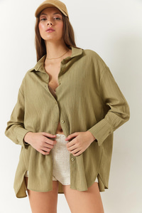 Düşük Omuz Oversize Basic Bürümcük Gömlek 60392 60271069 - Haki