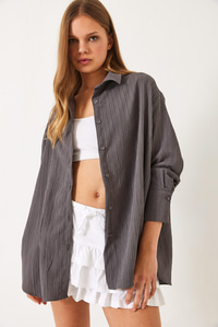 Düşük Omuz Oversize Basic Bürümcük Gömlek 60392 60271069 - Füme