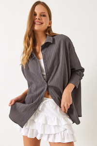 Düşük Omuz Oversize Basic Bürümcük Gömlek 60392 60271069 - Füme