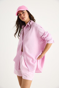 Düşük Omuz Oversize Basic Bürümcük Gömlek 60392 60271069 - Pembe