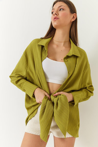 Düşük Omuz Oversize Basic Bürümcük Gömlek 60392 60271069 - Yağ Yeşili