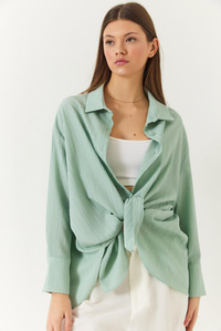 Düşük Omuz Oversize Basic Bürümcük Gömlek 60392 60271069 - Mint Yeşili
