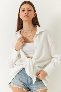 Düşük Omuz Oversize Basic Bürümcük Gömlek 60392 60271069 - Ekru