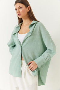 Düşük Omuz Oversize Basic Bürümcük Gömlek 60392 60271069 - Mint Yeşili