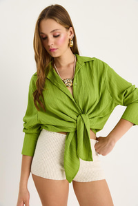 Düşük Omuz Oversize Basic Bürümcük Gömlek 60392 60271069 - Fıstık Yeşili