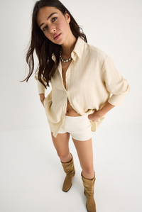 Düşük Omuz Oversize Basic Bürümcük Gömlek 60392 60271069 - Bej
