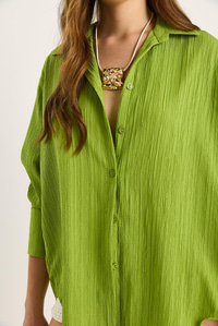 Düşük Omuz Oversize Basic Bürümcük Gömlek 60392 60271069 - Fıstık Yeşili
