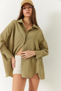 Düşük Omuz Oversize Basic Bürümcük Gömlek 60392 60271069 - Haki