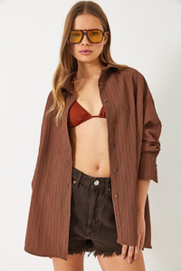 Düşük Omuz Oversize Basic Bürümcük Gömlek 60392 60271069 - Kahverengi