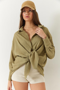 Düşük Omuz Oversize Basic Bürümcük Gömlek 60392 60271069 - Haki