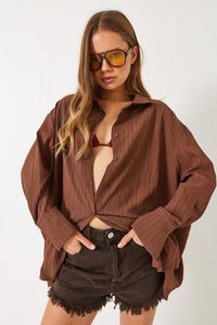 Düşük Omuz Oversize Basic Bürümcük Gömlek 60392 60271069 - Kahverengi