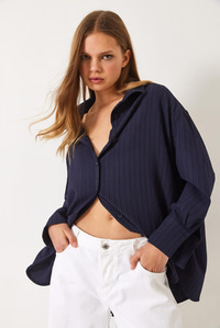 Düşük Omuz Oversize Basic Bürümcük Gömlek 60392 60271069 - Lacivert