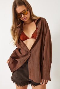 Düşük Omuz Oversize Basic Bürümcük Gömlek 60392 60271069 - Kahverengi