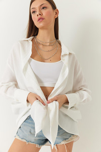 Düşük Omuz Oversize Basic Bürümcük Gömlek 60392 60271069 - Ekru