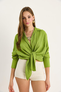 Düşük Omuz Oversize Basic Bürümcük Gömlek 60392 60271069 - Fıstık Yeşili