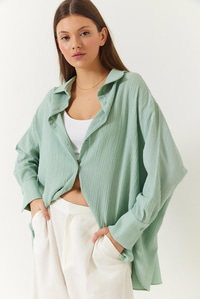 Düşük Omuz Oversize Basic Bürümcük Gömlek 60392 60271069 - Mint Yeşili