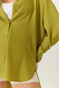 Düşük Omuz Oversize Basic Bürümcük Gömlek 60392 60271069 - Yağ Yeşili