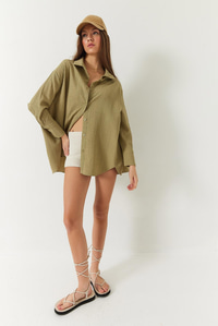Düşük Omuz Oversize Basic Bürümcük Gömlek 60392 60271069 - Haki