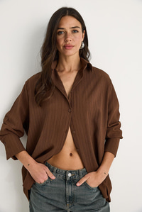 Düşük Omuz Oversize Basic Bürümcük Gömlek 60392 60271069 - Kahverengi