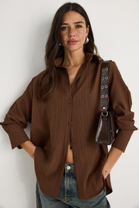 Düşük Omuz Oversize Basic Bürümcük Gömlek 60392 60271069 - Kahverengi