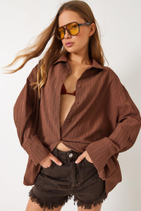 Düşük Omuz Oversize Basic Bürümcük Gömlek 60392 60271069 - Kahverengi