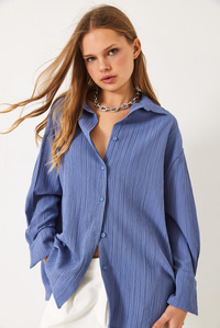 Düşük Omuz Oversize Basic Bürümcük Gömlek 60392 60271069 - İndigo