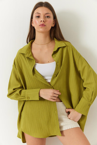 Düşük Omuz Oversize Basic Bürümcük Gömlek 60392 60271069 - Yağ Yeşili