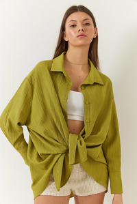 Düşük Omuz Oversize Basic Bürümcük Gömlek 60392 60271069 - Yağ Yeşili