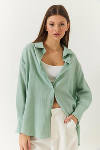 Düşük Omuz Oversize Basic Bürümcük Gömlek 60392 60271069 - Mint Yeşili