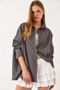 Düşük Omuz Oversize Basic Bürümcük Gömlek 60392 60271069 - Füme