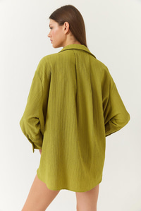 Düşük Omuz Oversize Basic Bürümcük Gömlek 60392 60271069 - Yağ Yeşili