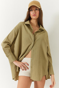 Düşük Omuz Oversize Basic Bürümcük Gömlek 60392 60271069 - Haki
