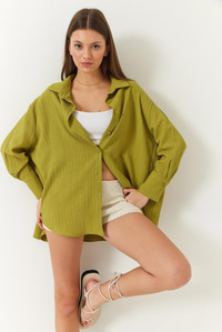 Düşük Omuz Oversize Basic Bürümcük Gömlek 60392 60271069 - Yağ Yeşili
