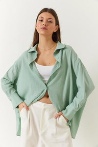 Düşük Omuz Oversize Basic Bürümcük Gömlek 60392 60271069 - Mint Yeşili