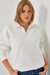 Fermuarlı Oversize Sweatshirt 60351254 - Beyaz