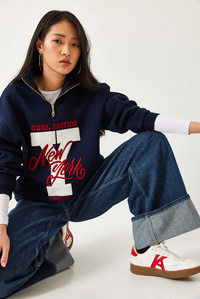 Fermuarlı Üç İplik Şardonlu Baskılı Sweatshirt 60351291 - Lacivert