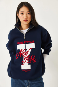 Fermuarlı Üç İplik Şardonlu Baskılı Sweatshirt 60351291 - Lacivert